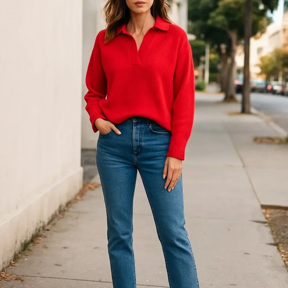 Aqua Cashmere Long Sleeve Polo Pullover Sweater Big Apple Red Size XL / XXL NWT